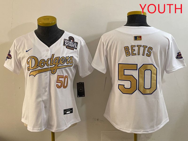 Youth Los Angeles Dodgers #50 Betts White Champion gold character 2025 Nike MLB Jersey style 4092